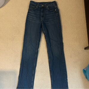 dark washed high waisted straight leg jeans